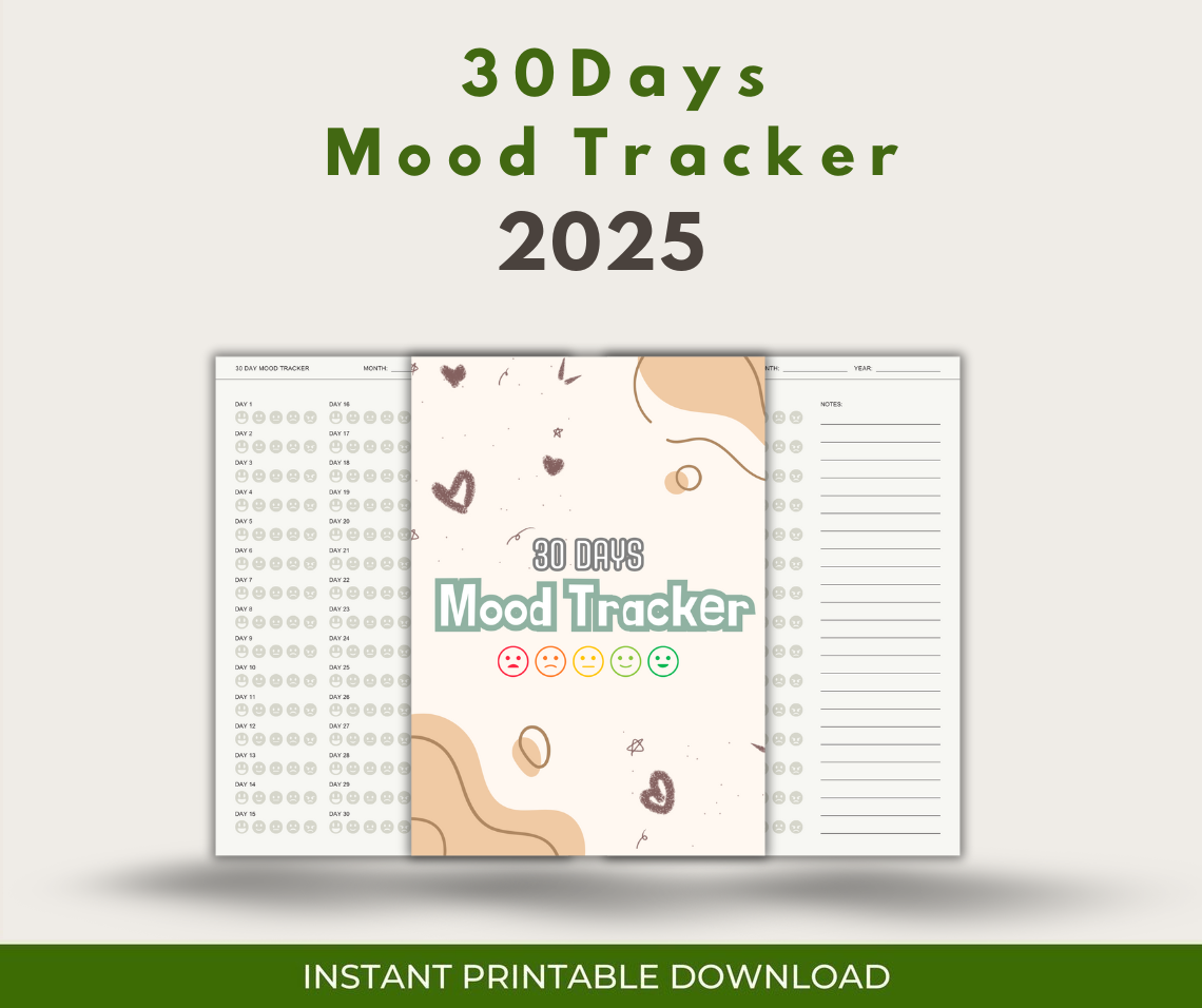 30-Day Mood Tracker, Monthly Mood Journal, Self-Care Tool